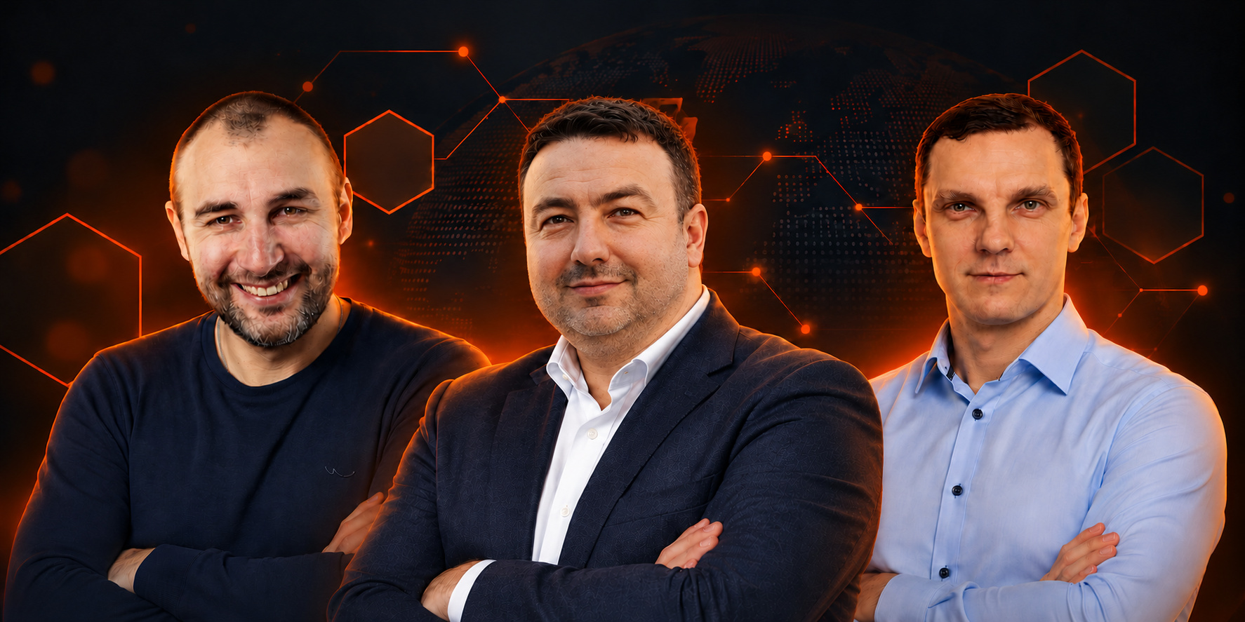 Three members of the Passeca team standing with arms crossed against a dark, orange-lit network backdrop