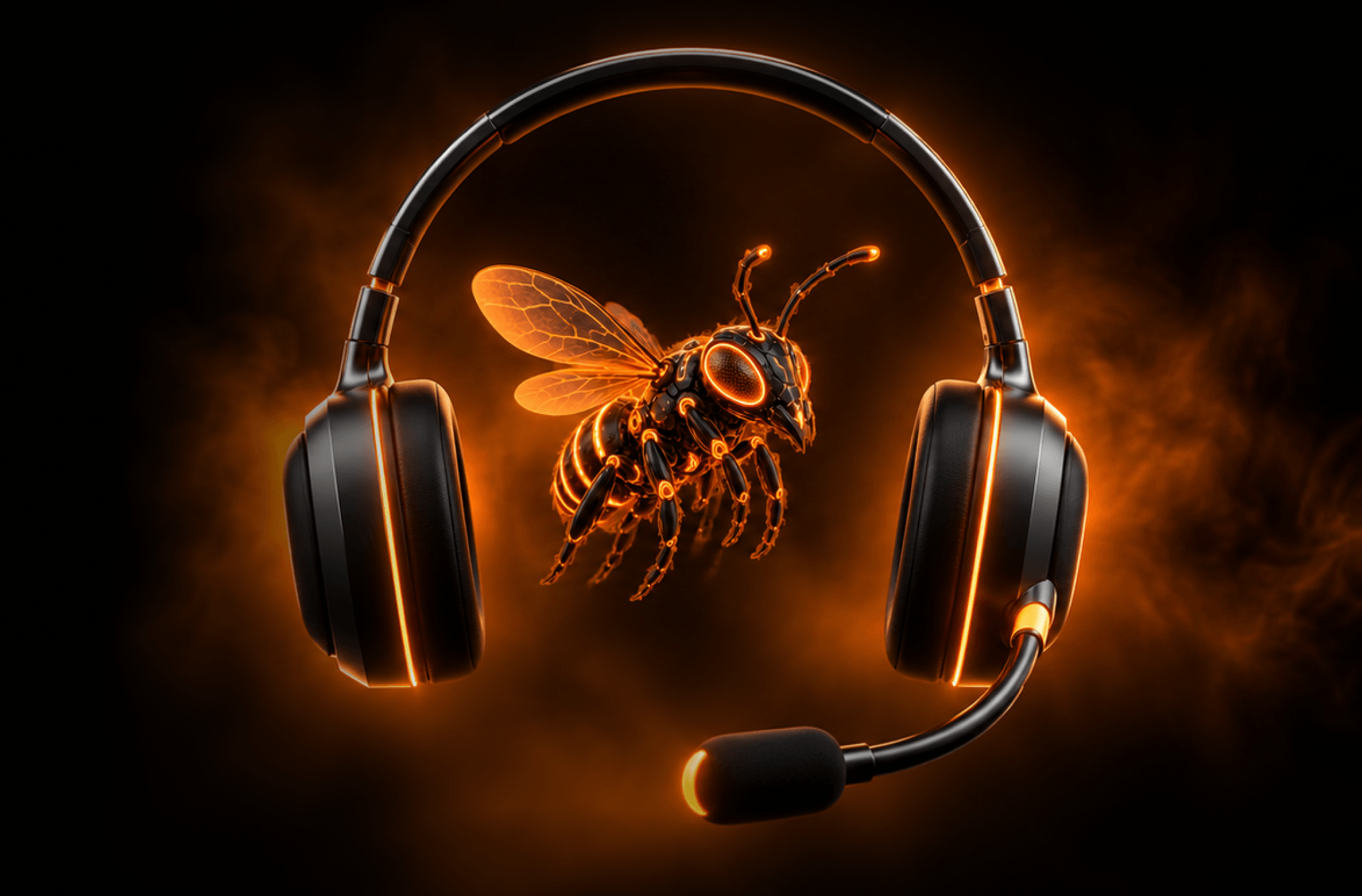 Glowing orange security bee surrounded by a support headset on a dark background