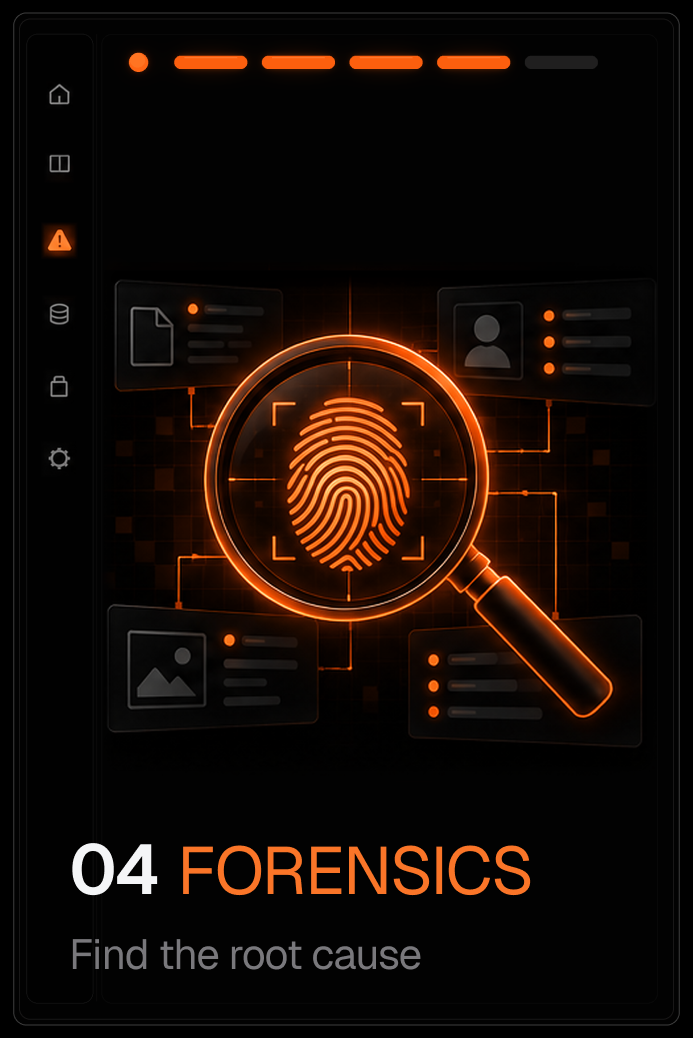 Step 04 Forensics: a magnifier showing a fingerprint over evidence files