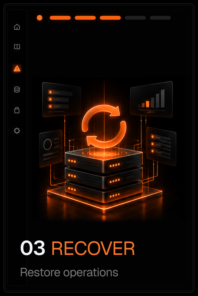 Step 03 Recover: a server stack with a restore arrow