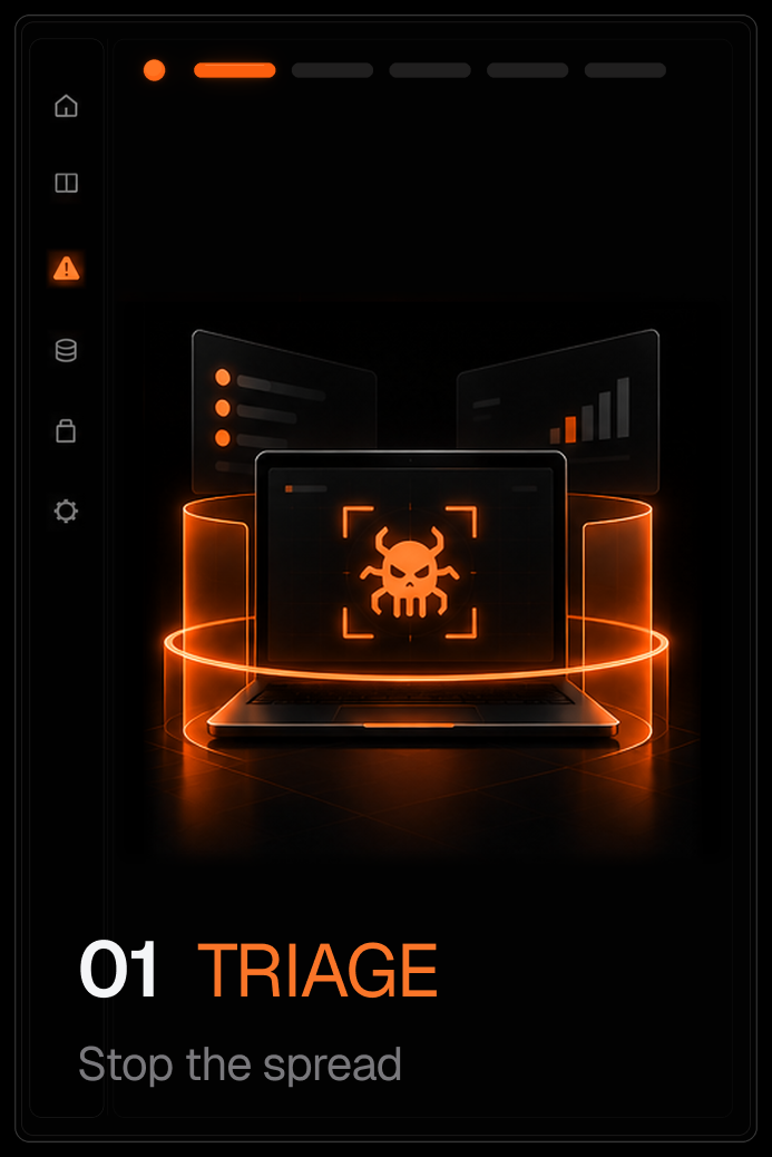 Step 01 Triage: a laptop with a malware alert inside a containment ring