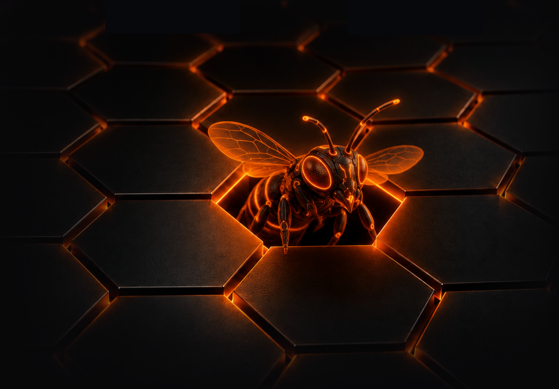 Glowing orange mechanical bee emerging from a hole in a dark hexagonal honeycomb floor
