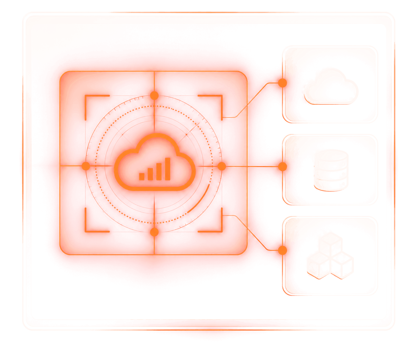 Monitored cloud connected to cloud storage, database and container icons