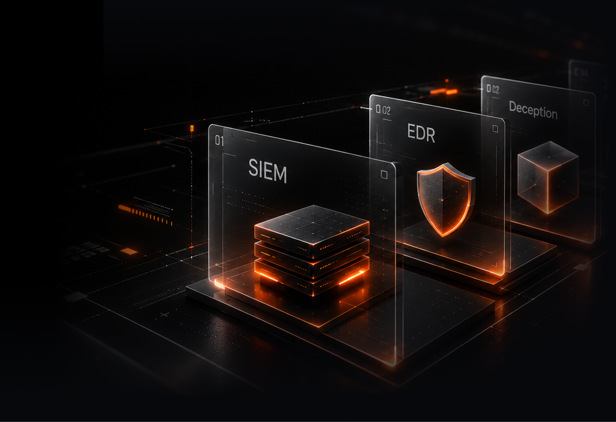 Layered glass panels labelled SIEM, EDR, Deception and 24/7 analysts on a dark platform