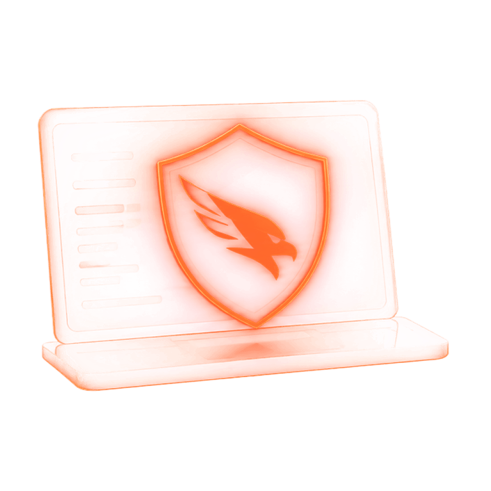 Laptop screen showing a glowing shield with the Falcon emblem
