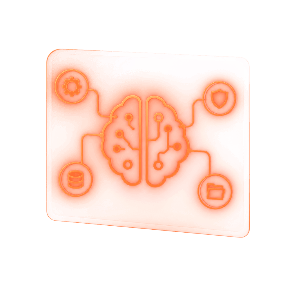 Glowing AI brain connected to automation, shield, data and case icons
