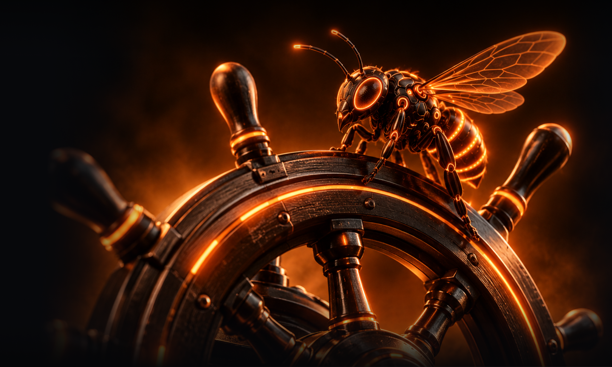 Glowing orange mechanical bee perched on a ship's helm wheel